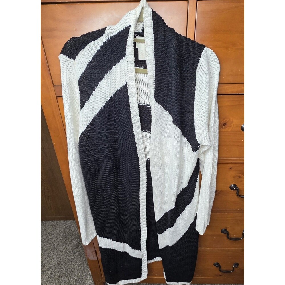 Chicos Open Front Knit Duster Cardigan Size 2 (Large) Black White Abstract